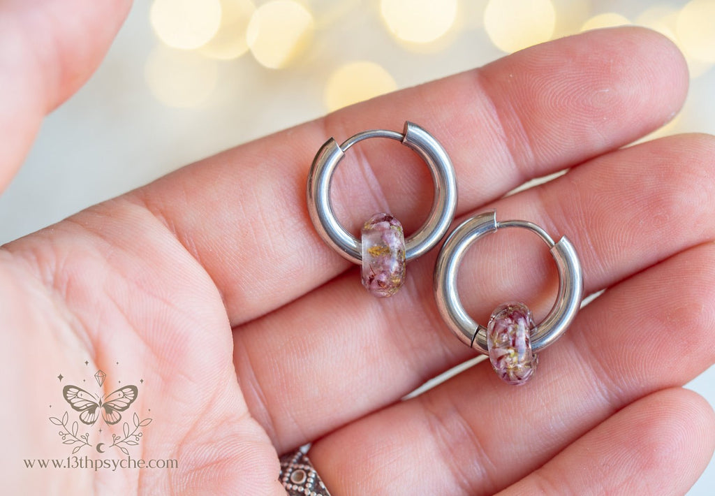 Handmade Chunky donut hoops with dried heather flower resin beads - 13th Psyche
