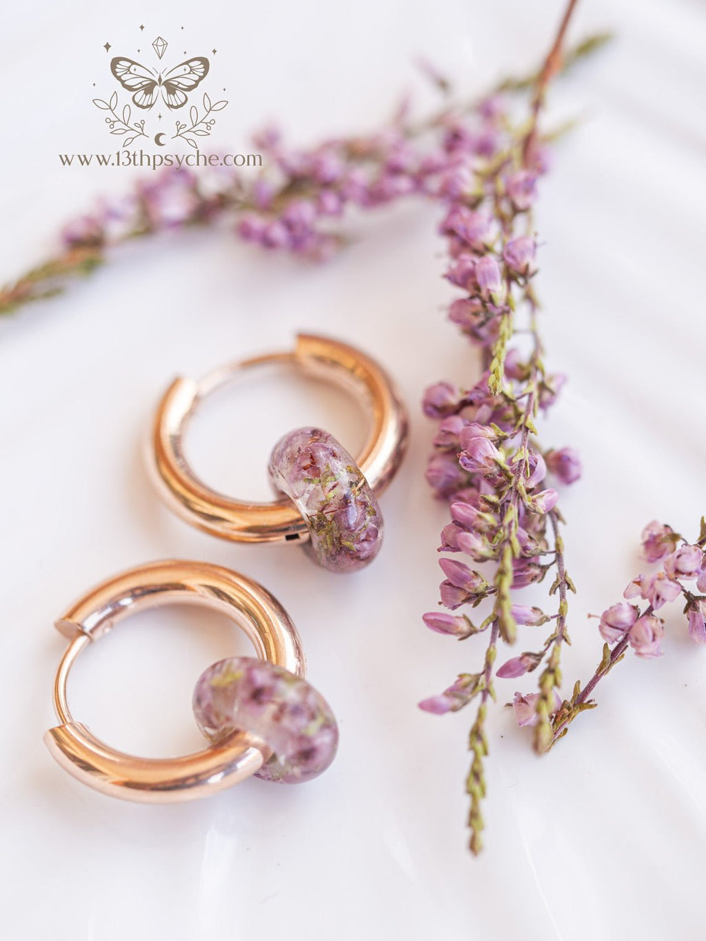 Handmade Chunky donut hoops with dried heather flower resin beads - 13th Psyche