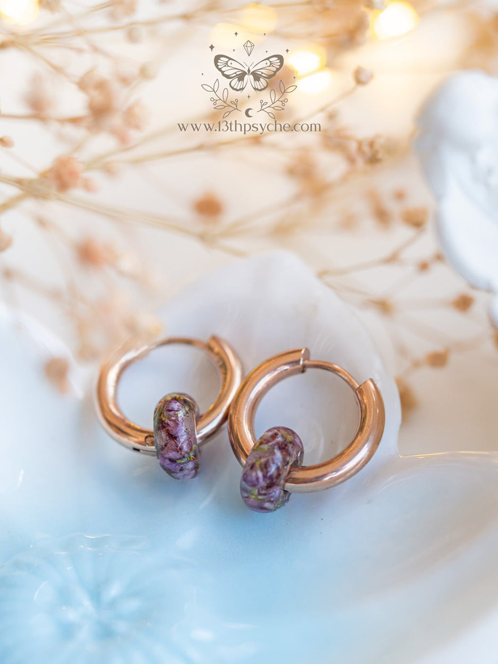 Handmade Chunky donut hoops with dried heather flower resin beads - 13th Psyche