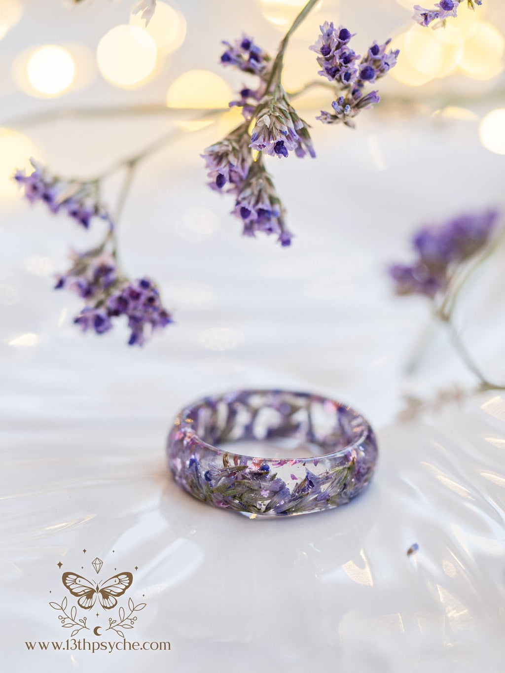 Handmade Clear Resin ring with dried lilac flowers - 13th Psyche