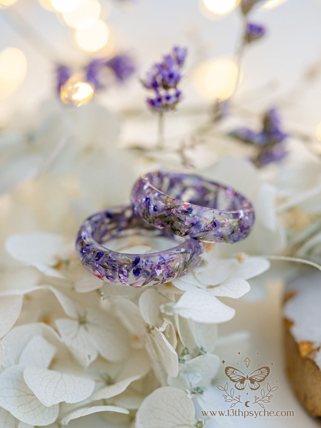 Handmade Clear Resin ring with dried lilac flowers - 13th Psyche