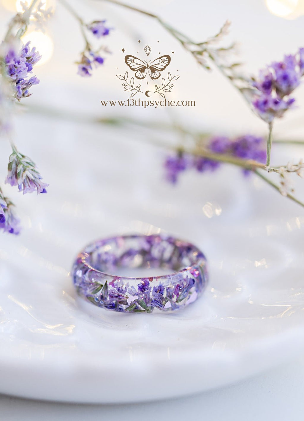 Handmade Clear Resin ring with dried lilac flowers - 13th Psyche