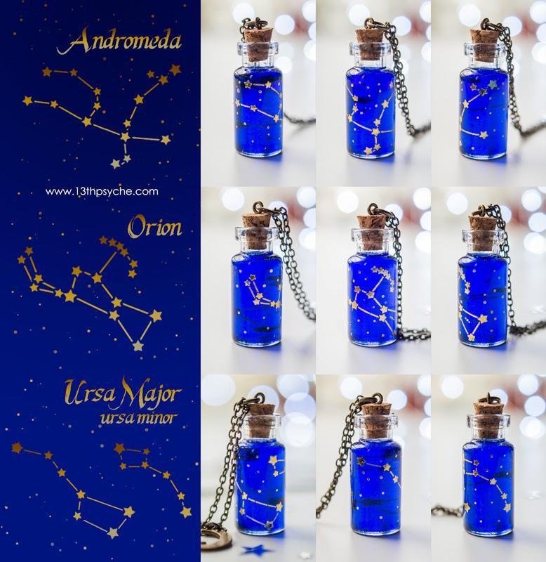 Handmade Orion, Andromeda, Ursa major and minor constellation bottle necklace - 13th Psyche