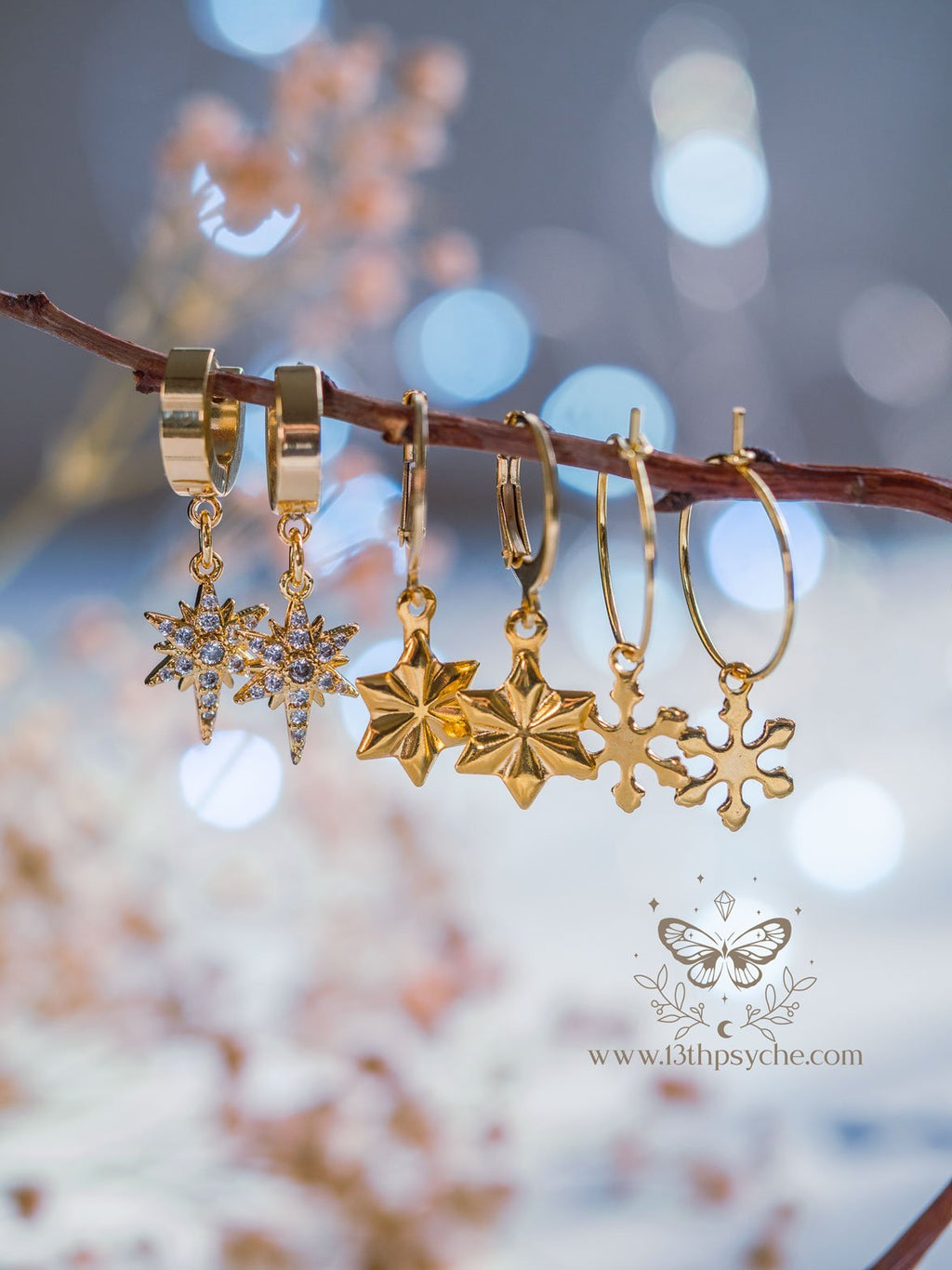 Handmade Cubic Zirconia big pointed star gold huggie hoop earrings - 13th Psyche