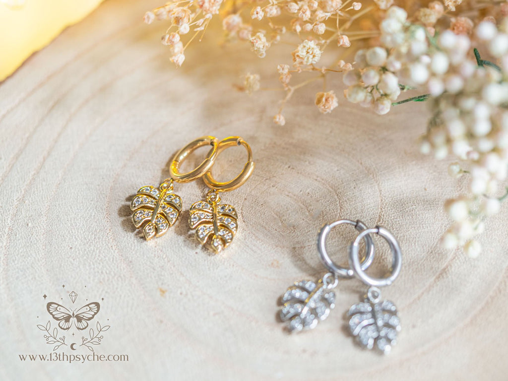 Handmade Cubic Zirconia monstera leaf huggie hoop earrings - 13th Psyche