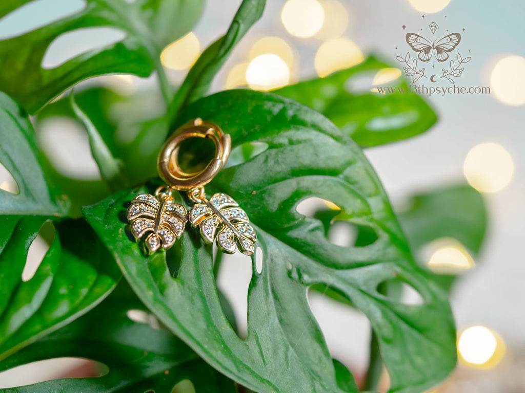 Handmade Cubic Zirconia monstera leaf huggie hoop earrings - 13th Psyche
