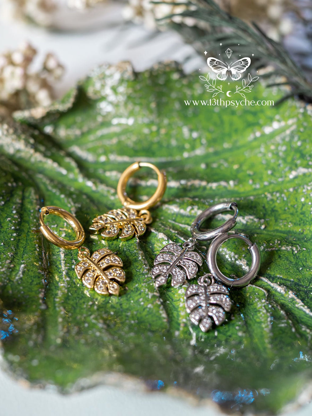 Handmade Cubic Zirconia monstera leaf huggie hoop earrings - 13th Psyche