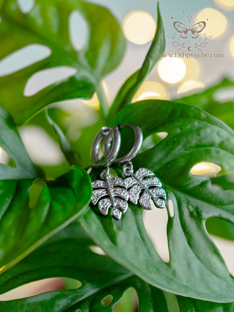 Handmade Cubic Zirconia monstera leaf huggie hoop earrings - 13th Psyche