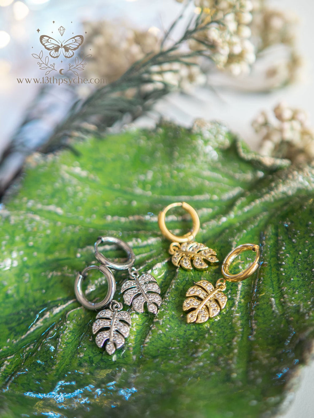 Handmade Cubic Zirconia monstera leaf huggie hoop earrings - 13th Psyche