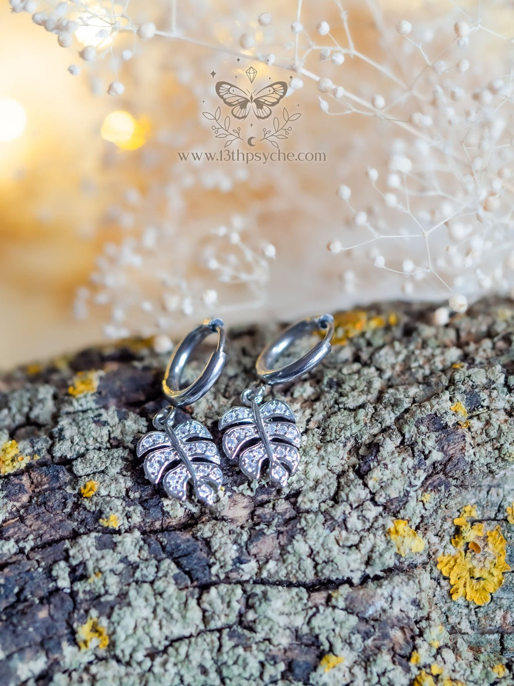 Handmade Cubic Zirconia monstera leaf huggie hoop earrings - 13th Psyche
