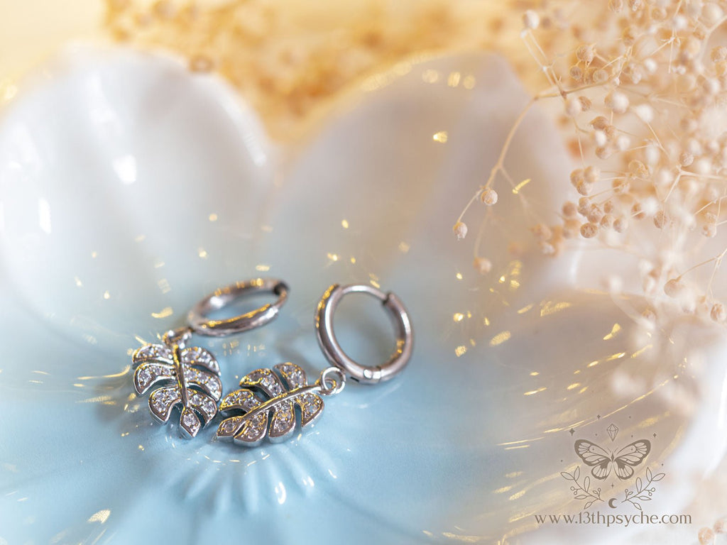 Handmade Cubic Zirconia monstera leaf huggie hoop earrings - 13th Psyche