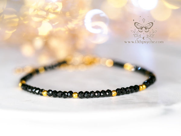 Handmade Dainty faceted Black Spinel gemstone bracelet - 13th Psyche