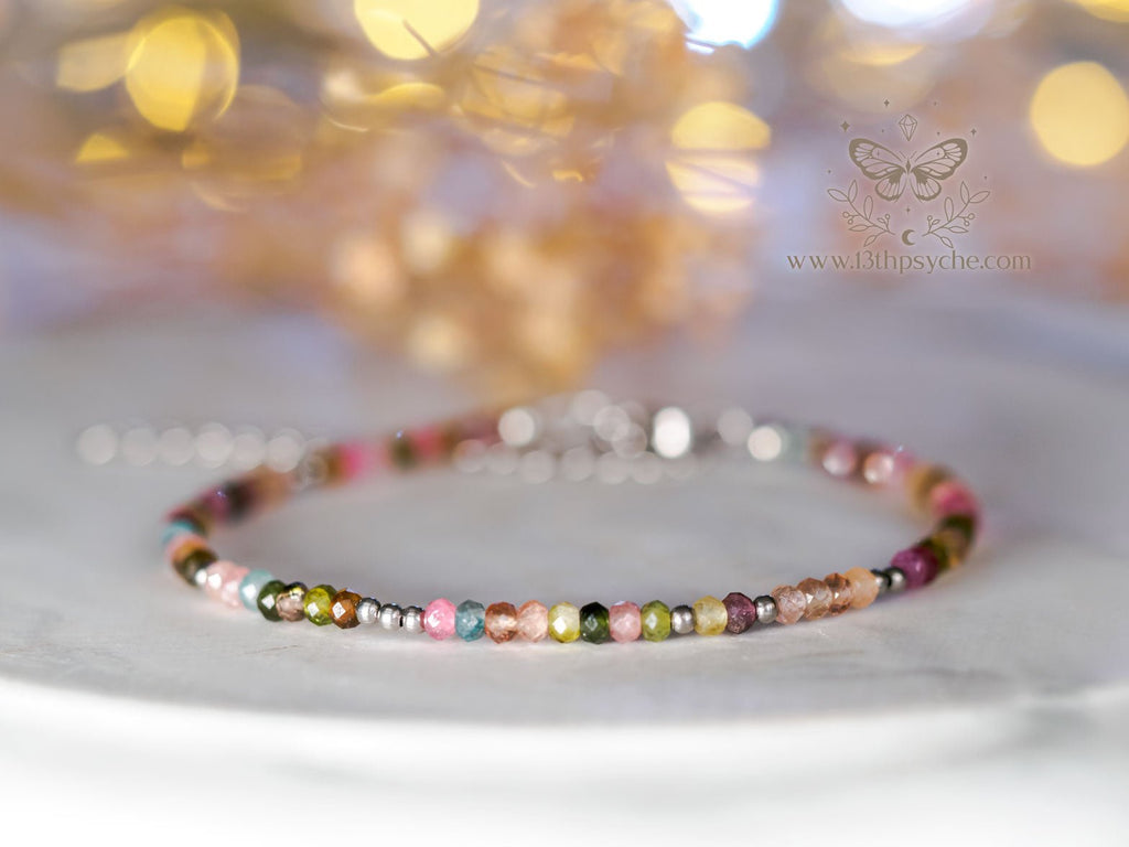 Handmade Dainty faceted watermelon Tourmaline gemstone bracelet - 13th Psyche