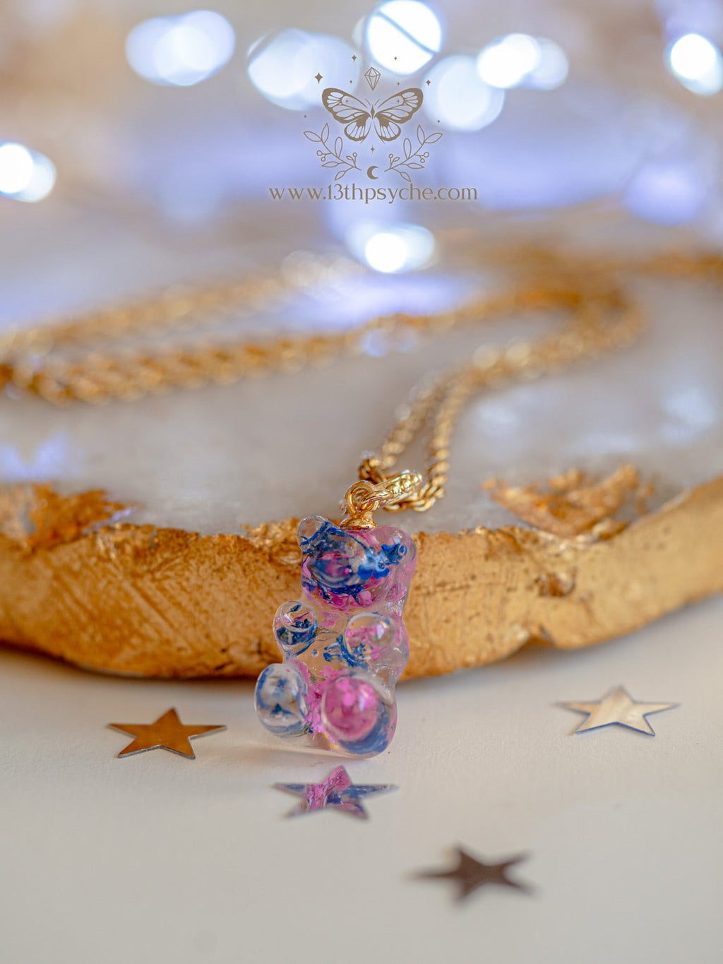 Handmade Dried flowers candy bear charm, Gummy bear Necklace - 13th Psyche