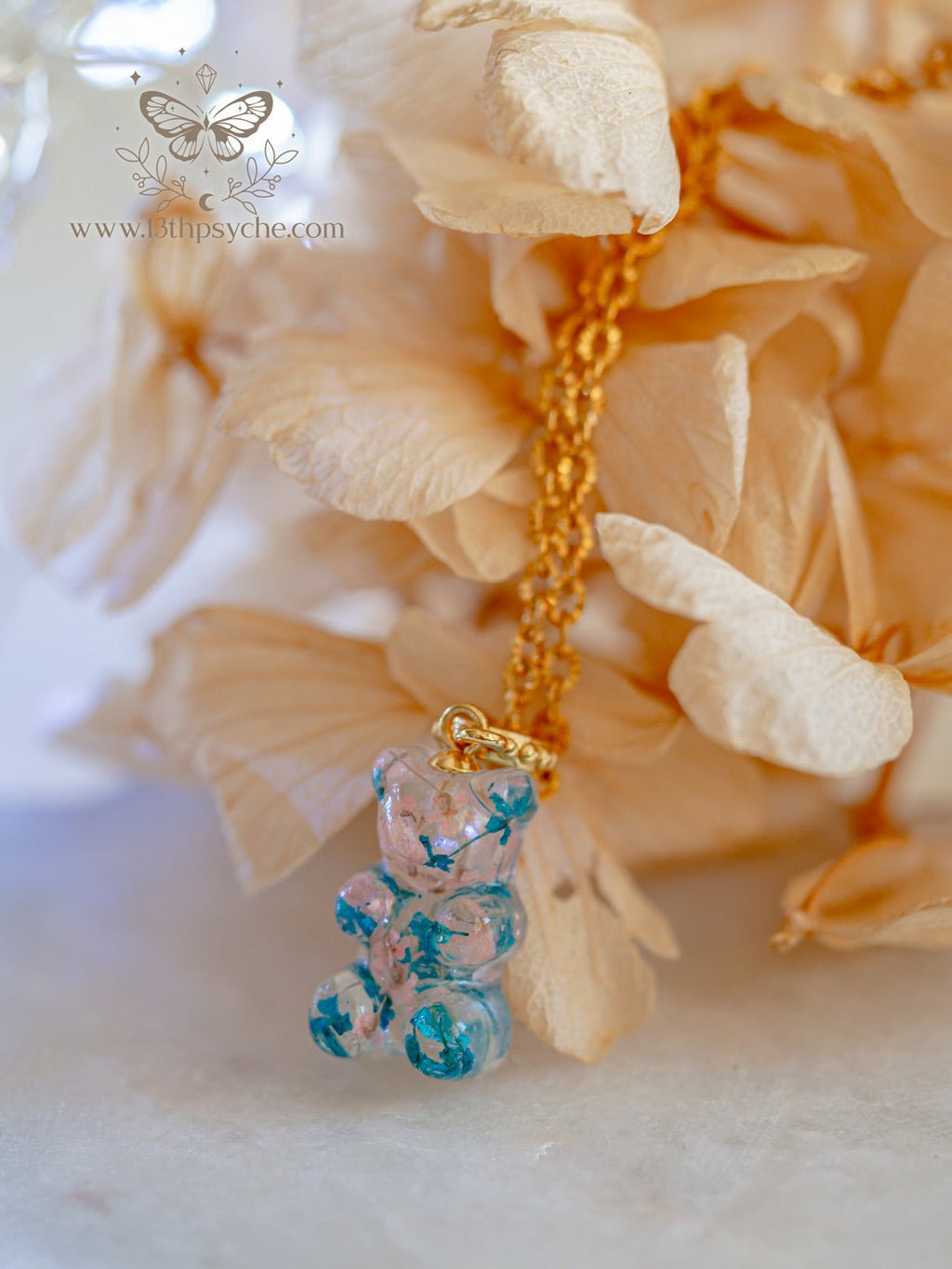 Handmade Dried flowers candy bear charm, Gummy bear Necklace - 13th Psyche