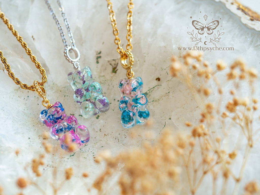 Handmade Dried flowers candy bear charm, Gummy bear Necklace - 13th Psyche