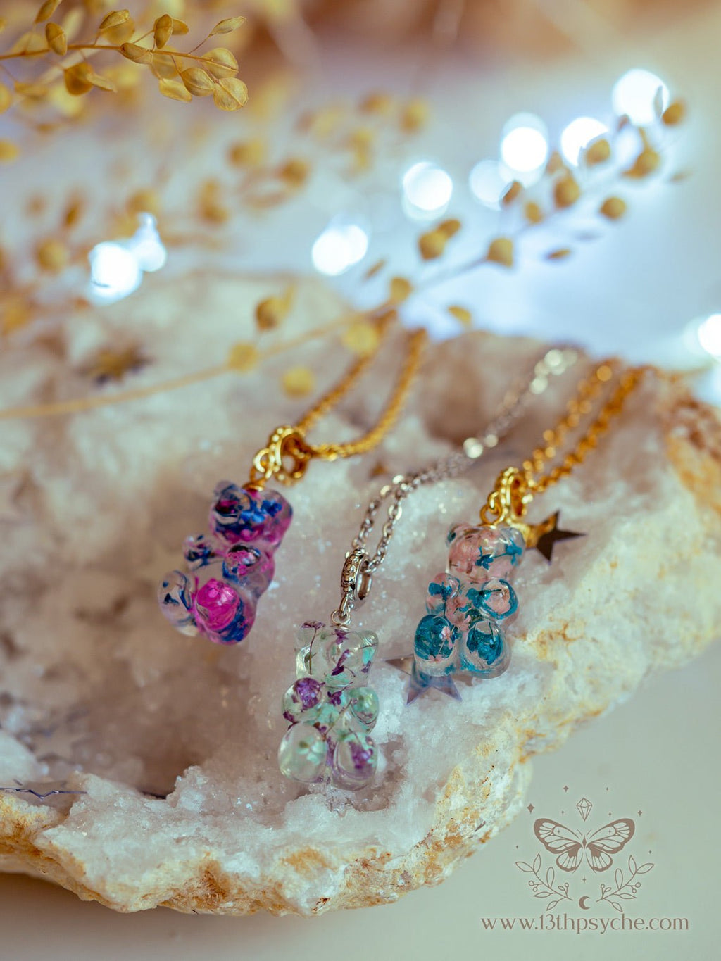Handmade Dried flowers candy bear charm, Gummy bear Necklace - 13th Psyche