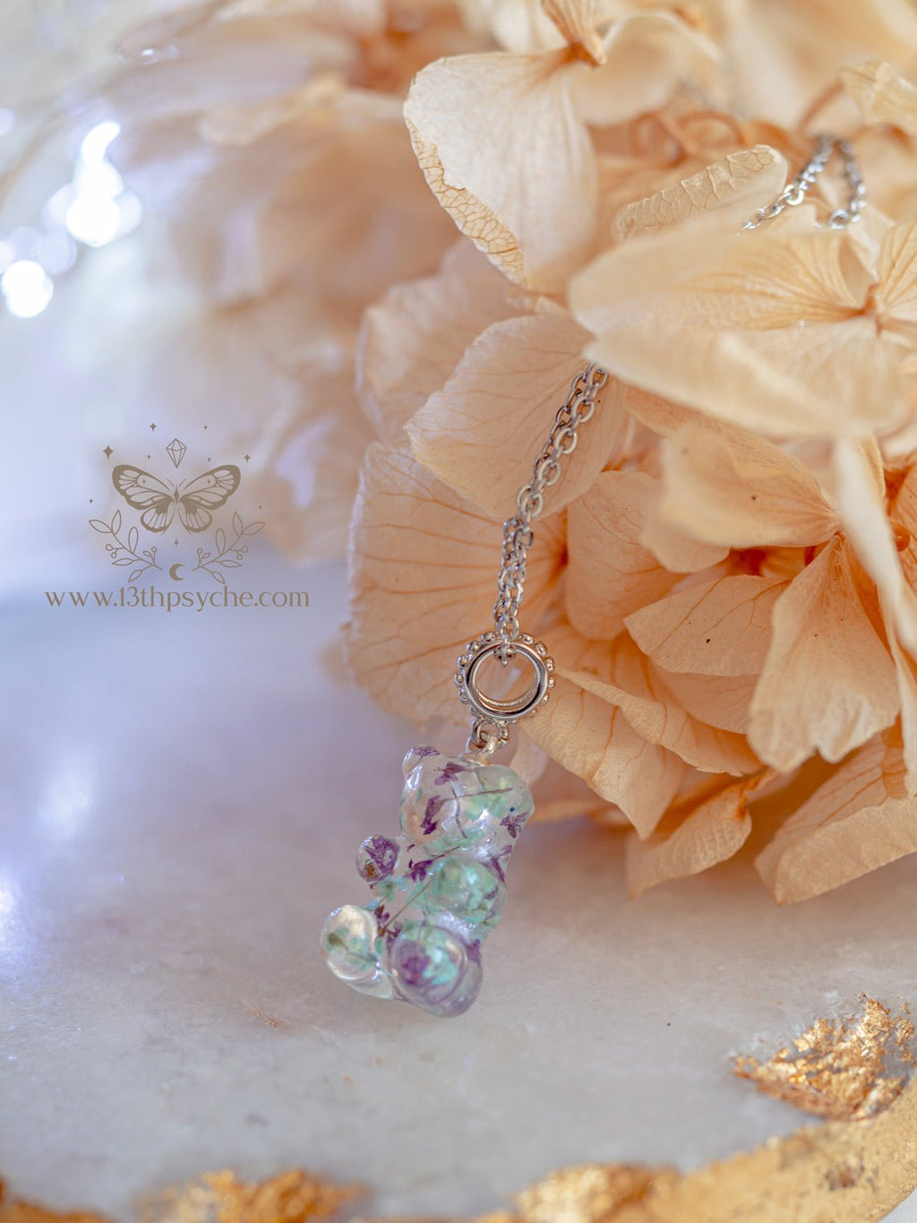 Handmade Dried flowers candy bear charm, Gummy bear Necklace - 13th Psyche