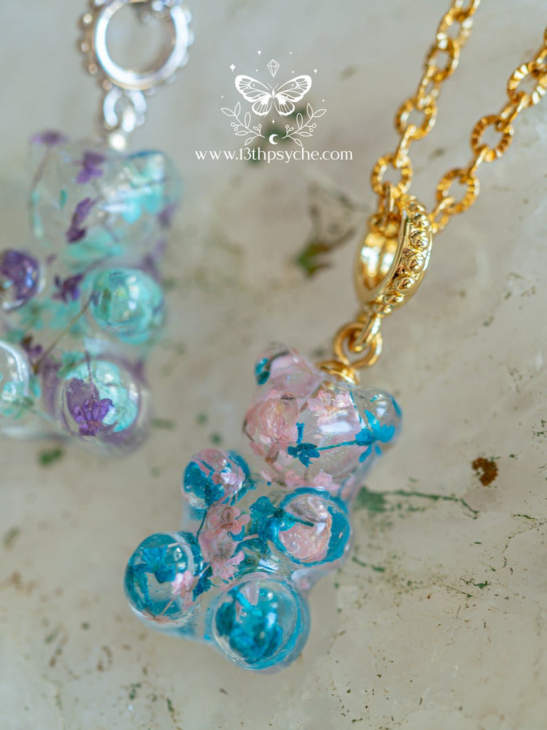 Handmade Dried flowers candy bear charm, Gummy bear Necklace - 13th Psyche