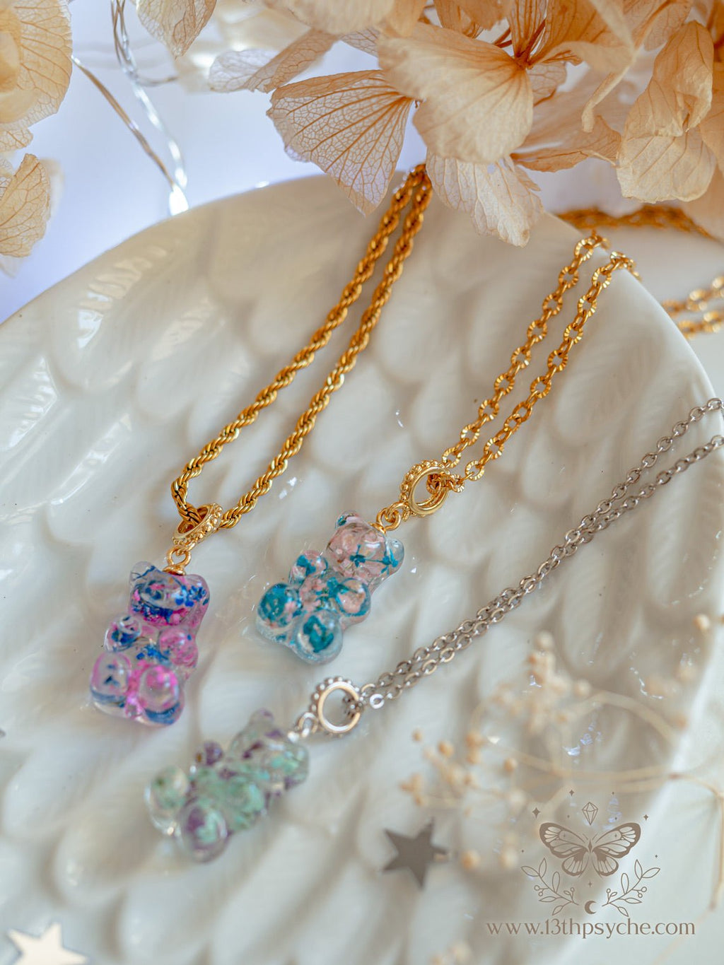 Handmade Dried flowers candy bear charm, Gummy bear Necklace - 13th Psyche