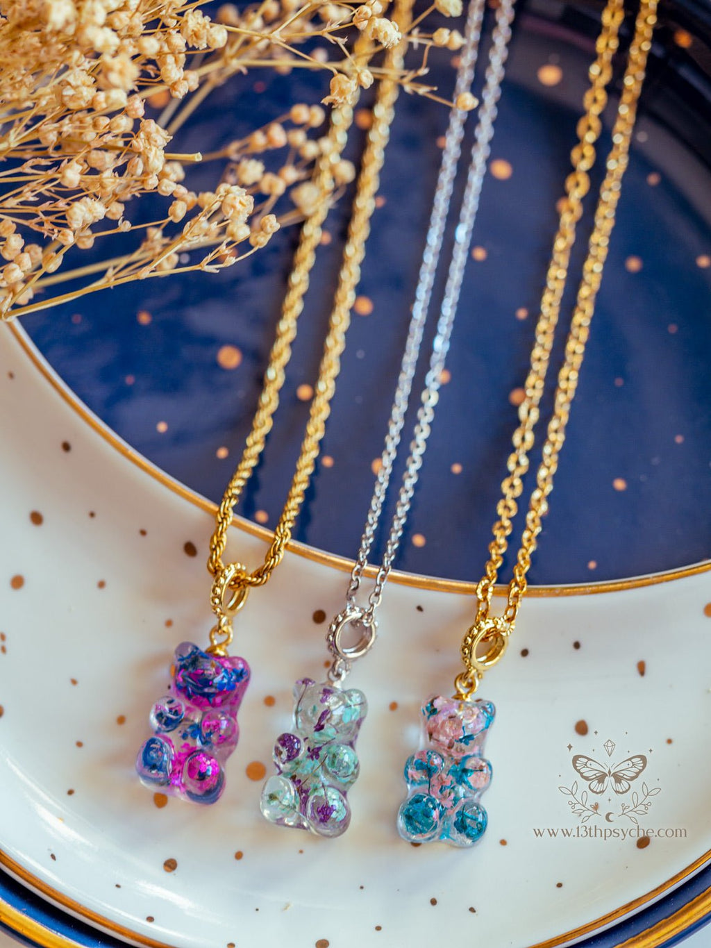 Handmade Dried flowers candy bear charm, Gummy bear Necklace - 13th Psyche