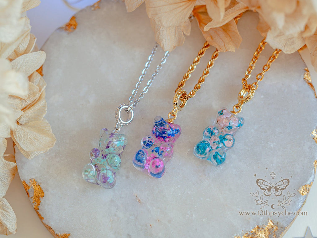Handmade Dried flowers candy bear charm, Gummy bear Necklace - 13th Psyche