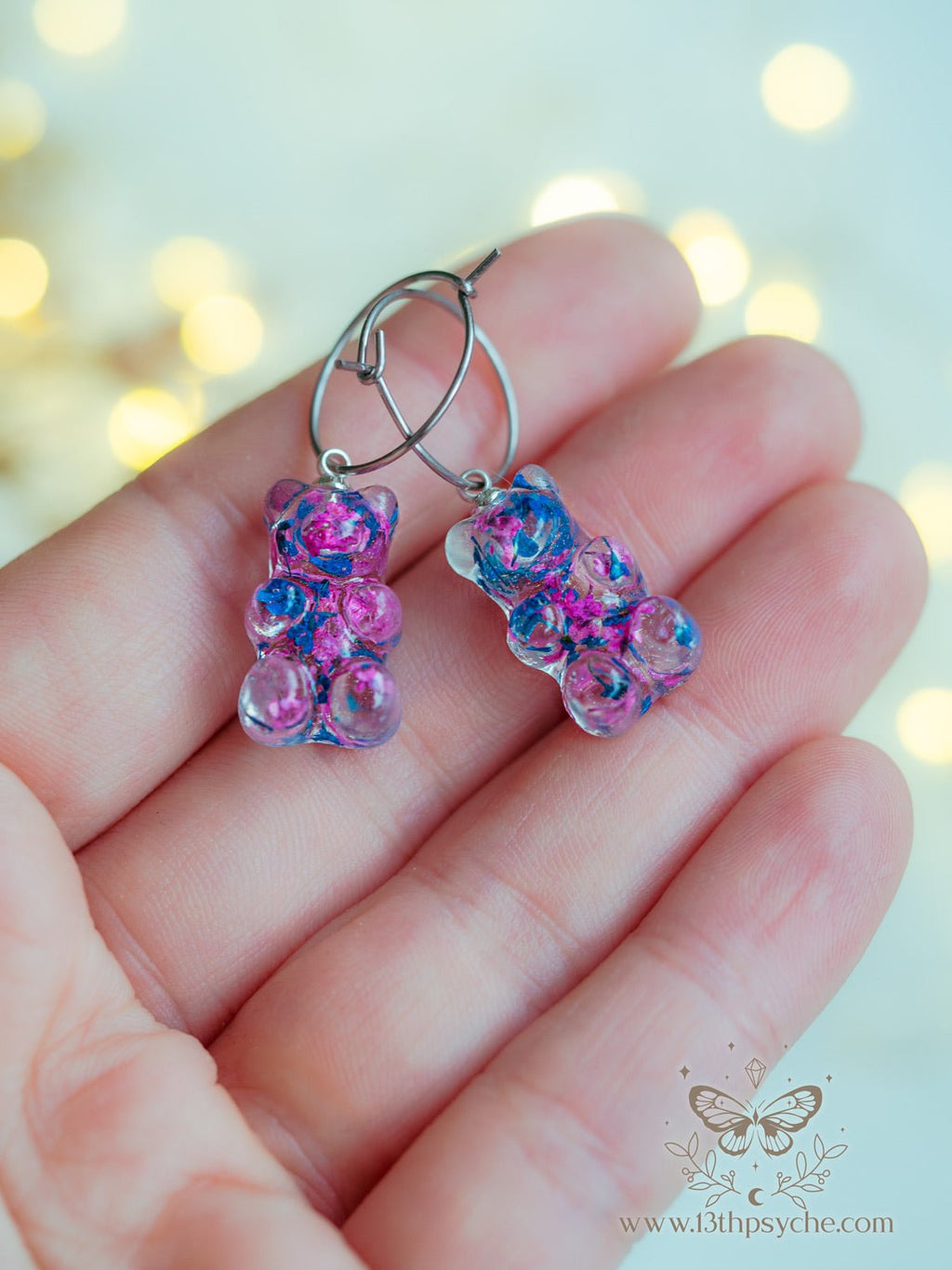 Handmade Dried flowers Gummy bear hoop earrings - 13th Psyche