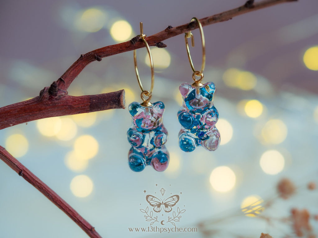 Handmade Dried flowers Gummy bear hoop earrings - 13th Psyche