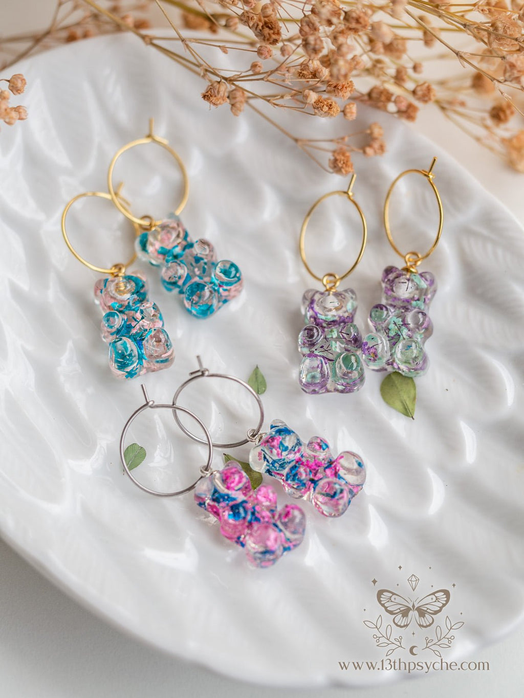 Handmade Dried flowers Gummy bear hoop earrings - 13th Psyche