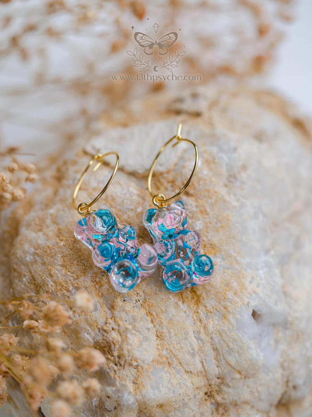 Handmade Dried flowers Gummy bear hoop earrings - 13th Psyche