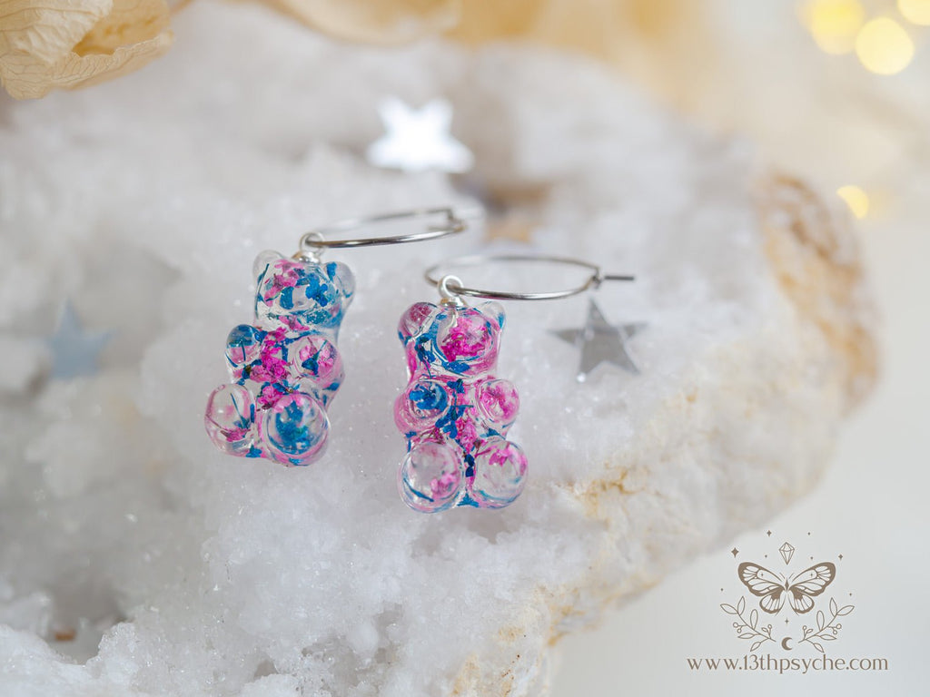 Handmade Dried flowers Gummy bear hoop earrings - 13th Psyche