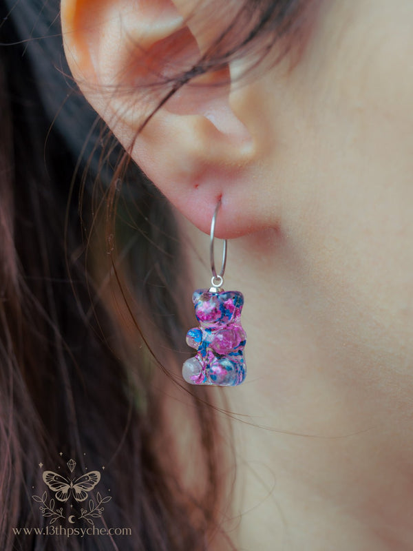 Handmade Dried flowers Gummy bear hoop earrings - 13th Psyche