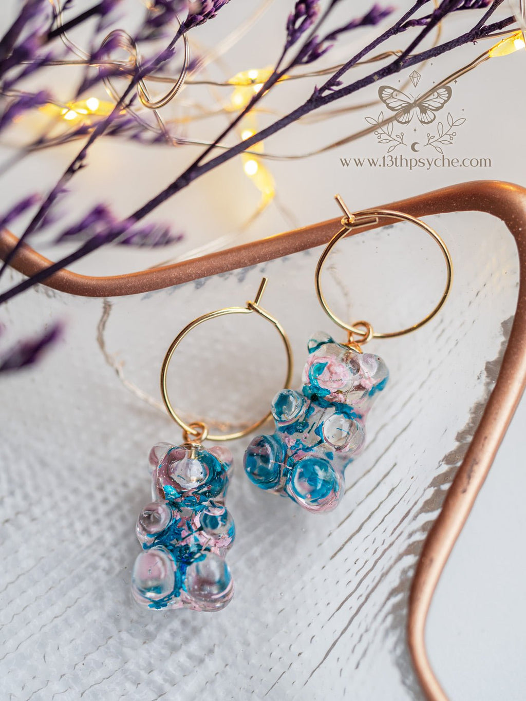 Handmade Dried flowers Gummy bear hoop earrings - 13th Psyche