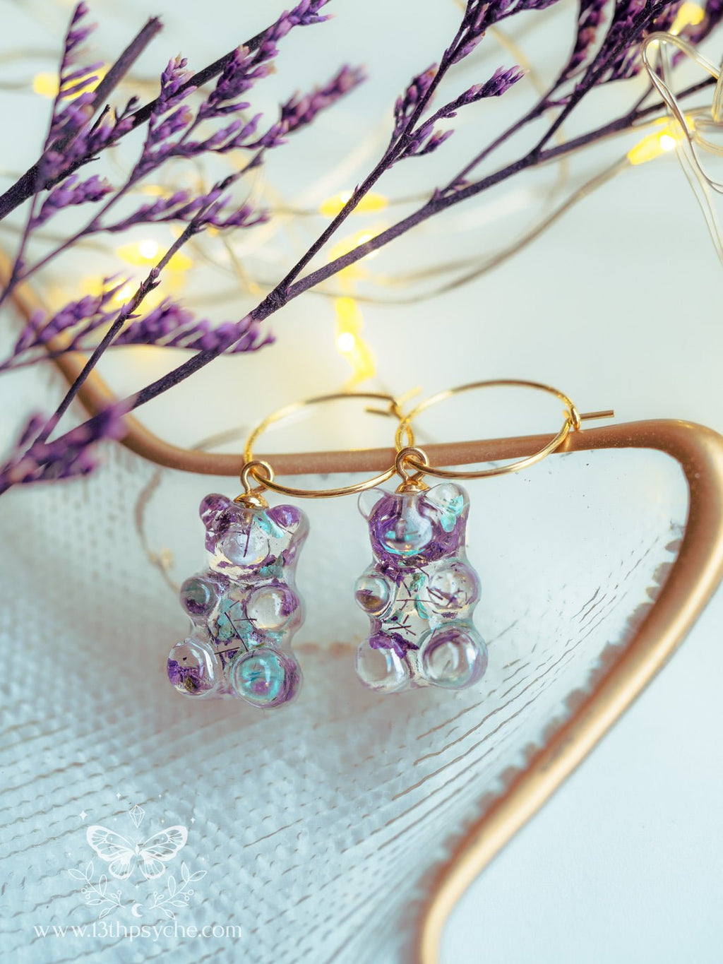 Handmade Dried flowers Gummy bear hoop earrings - 13th Psyche