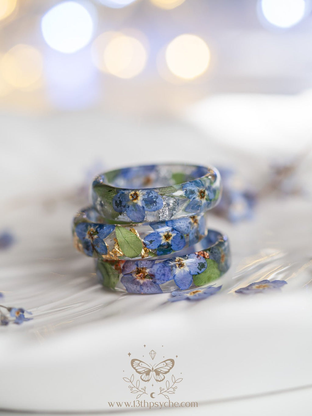 Handmade Dried forget me not flowers resin ring - 13th Psyche