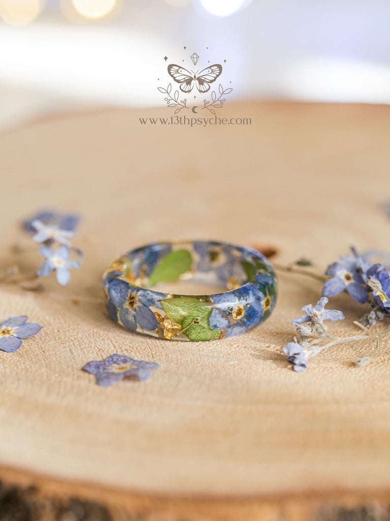 Resin Flower Ring With Pink Peony Forest Moss and 24K Gold. 