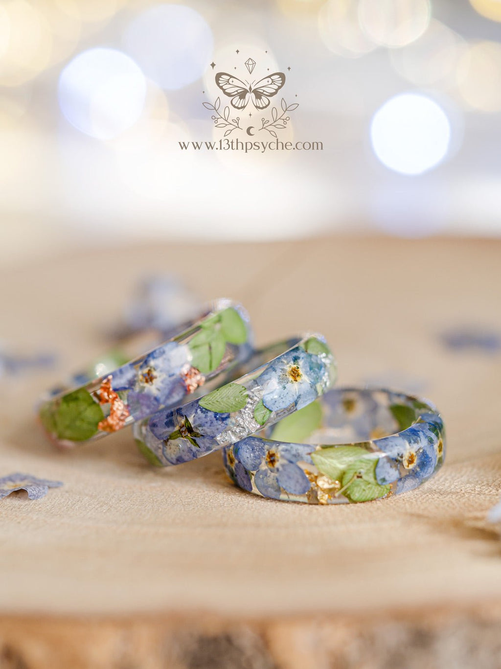 Handmade Dried forget me not flowers resin ring - 13th Psyche