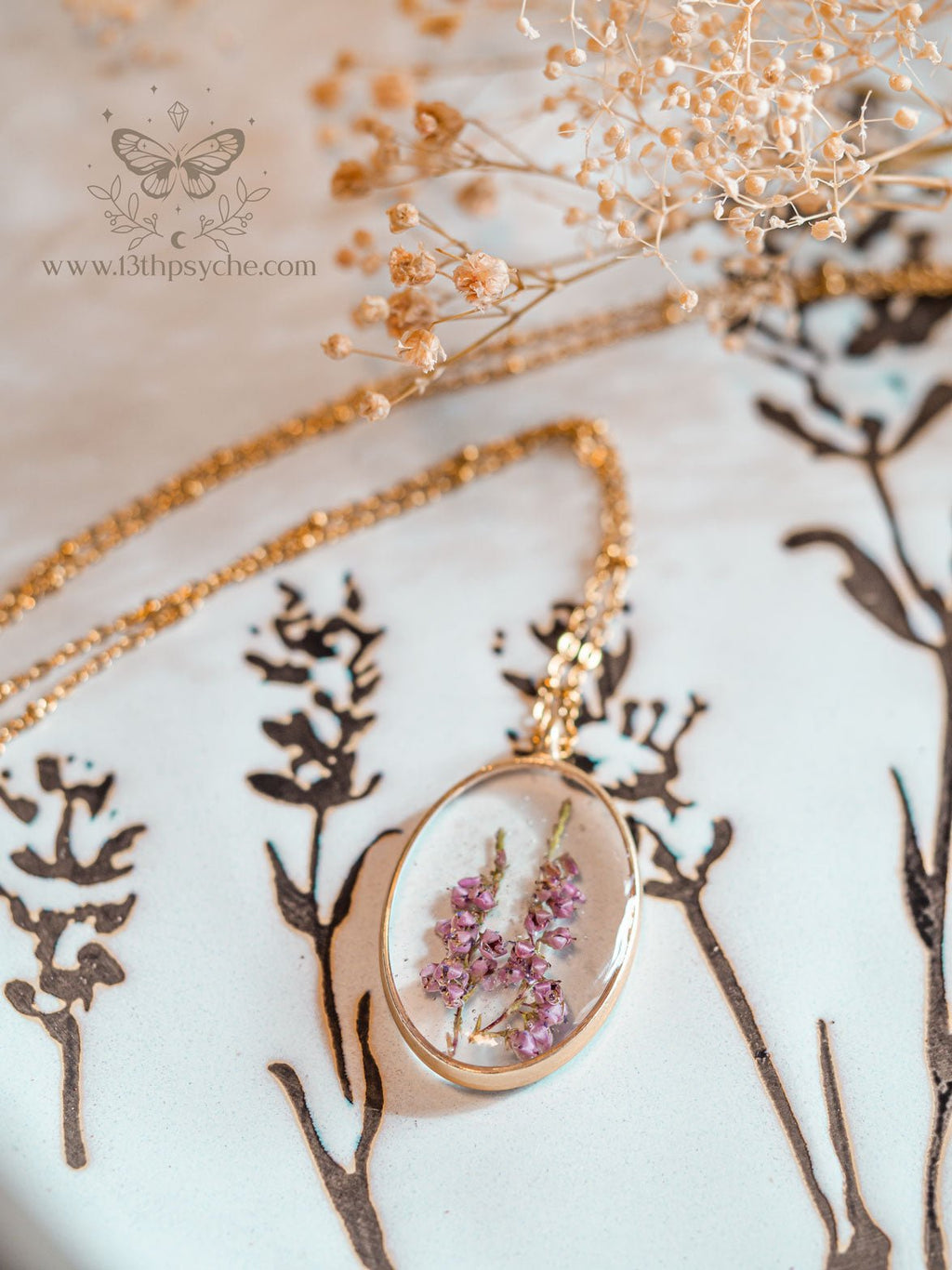 Handmade Dried heather pendant necklace pendant necklace - 13th Psyche