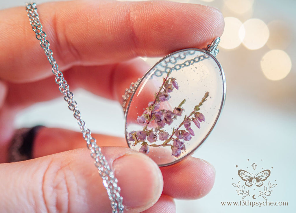 Handmade Dried heather pendant necklace pendant necklace - 13th Psyche
