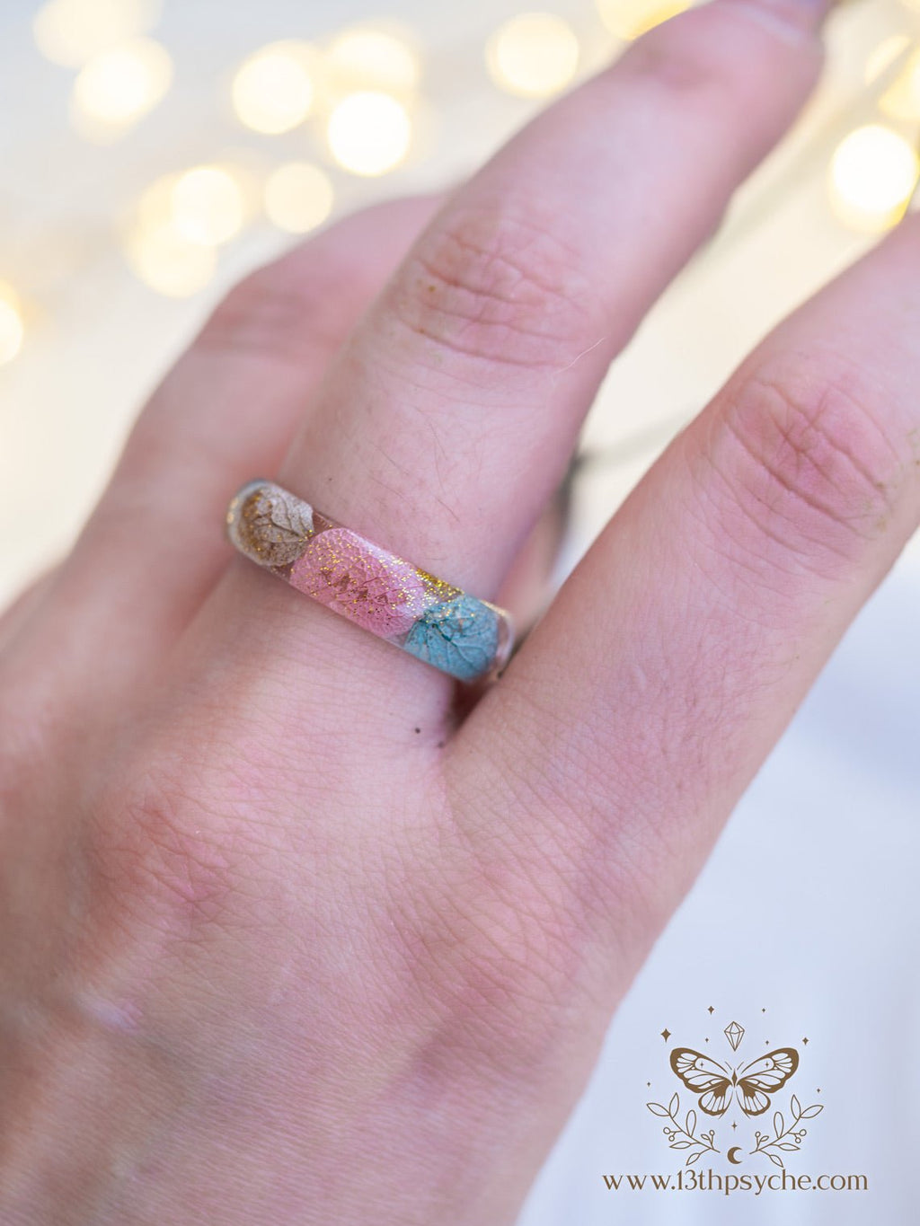 Handmade Dried Hydrangea flower petal resin ring - 13th Psyche