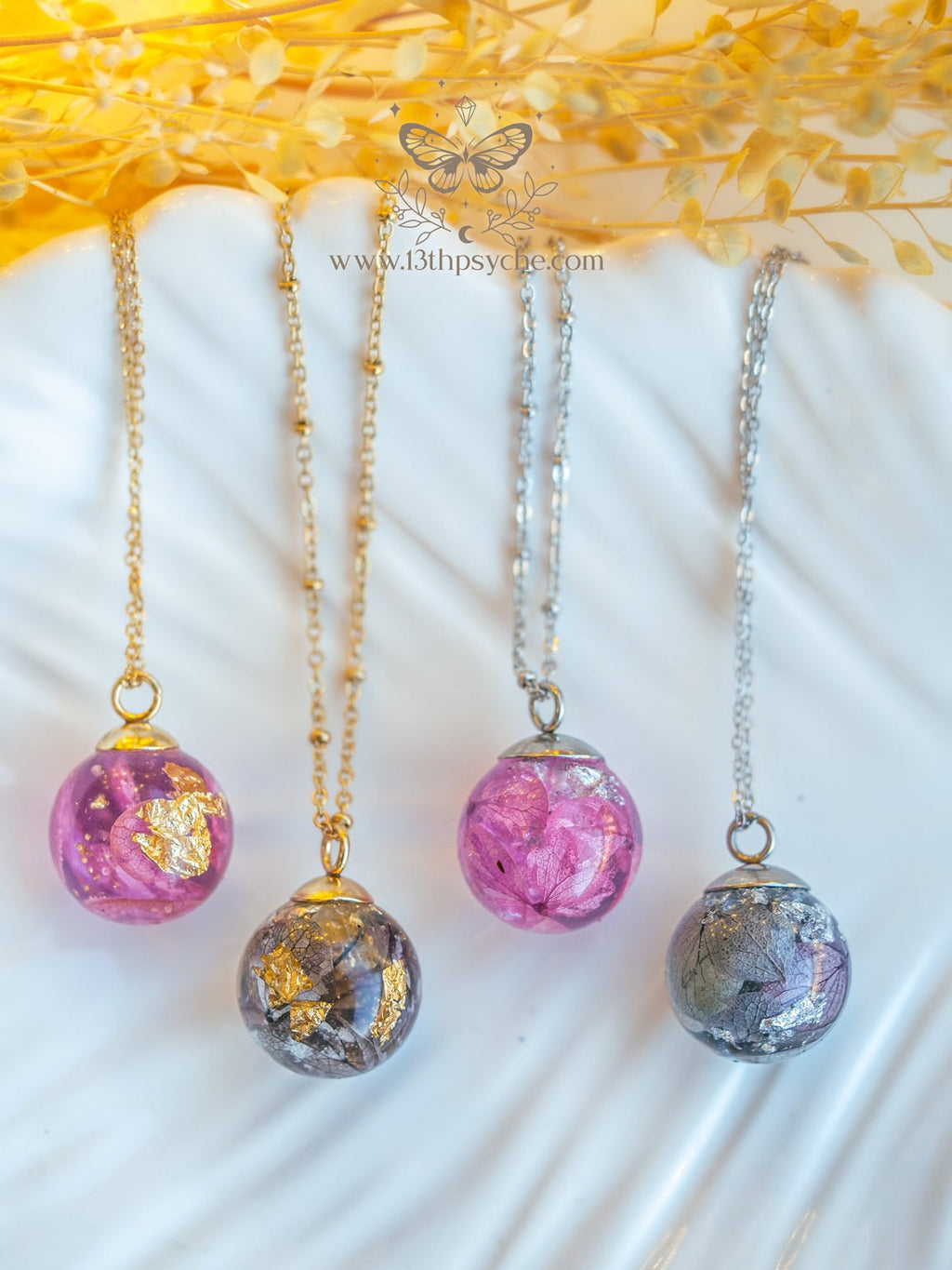 Handmade Dried hydrangea orb pendant necklace - 13th Psyche