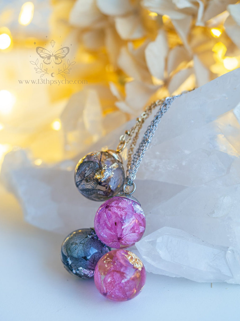 Handmade Dried hydrangea orb pendant necklace - 13th Psyche