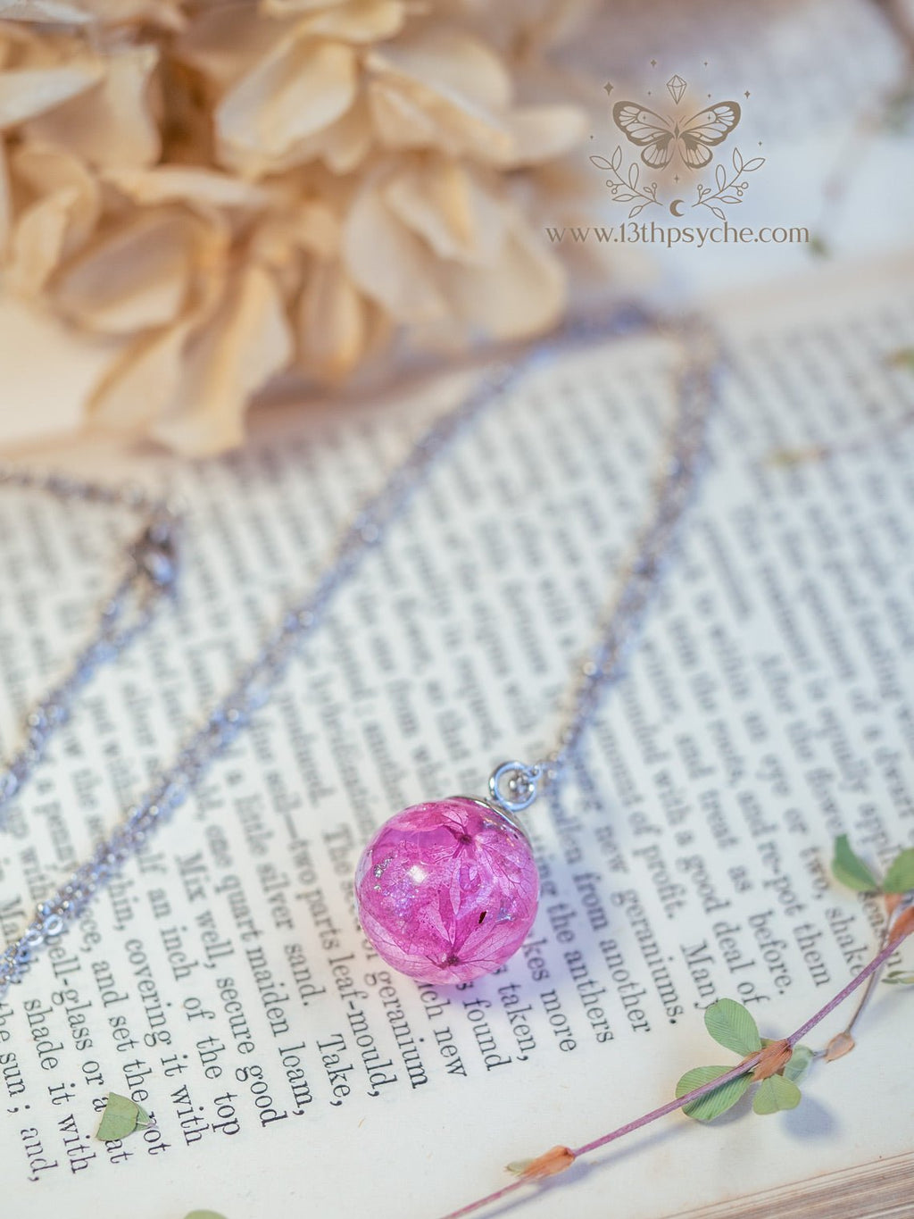 Handmade Dried hydrangea orb pendant necklace - 13th Psyche
