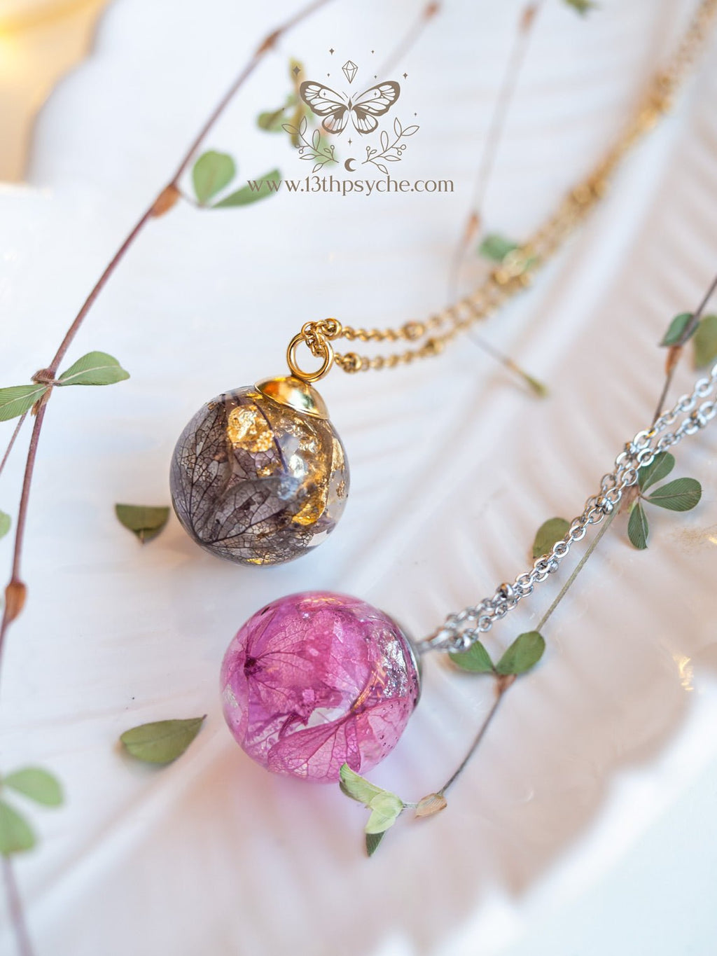 Handmade Dried hydrangea orb pendant necklace - 13th Psyche