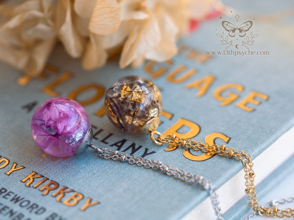 Handmade Dried hydrangea orb pendant necklace - 13th Psyche
