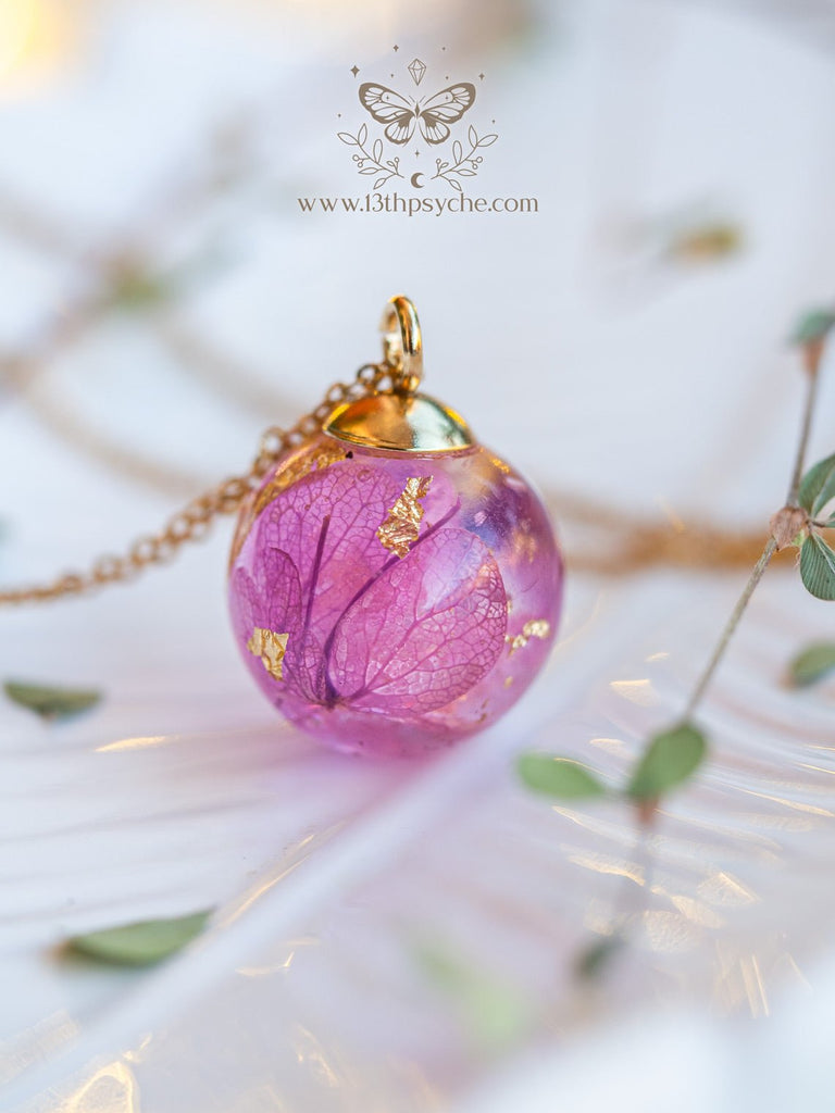 Handmade Dried hydrangea orb pendant necklace - 13th Psyche