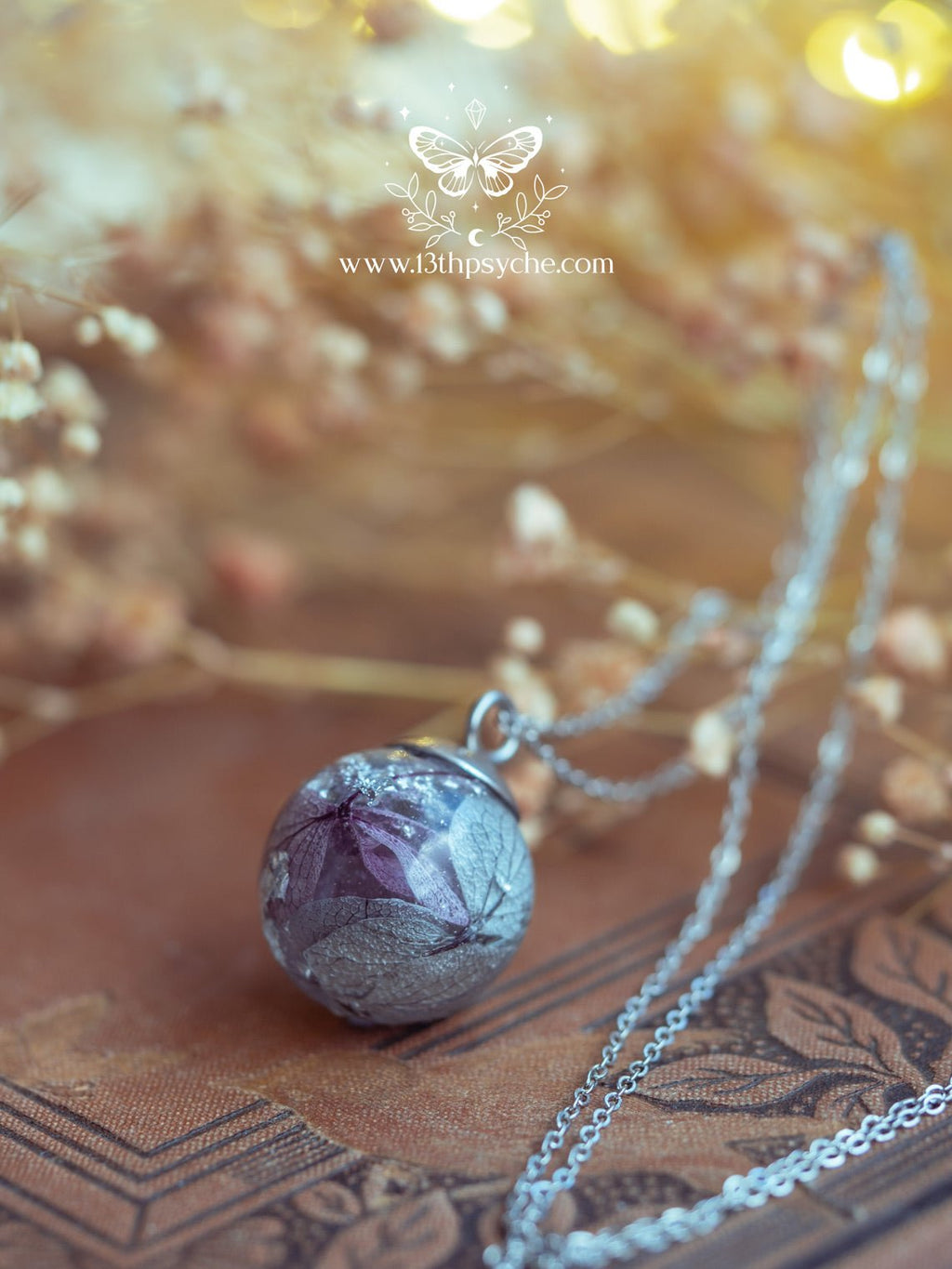 Handmade Dried hydrangea orb pendant necklace - 13th Psyche