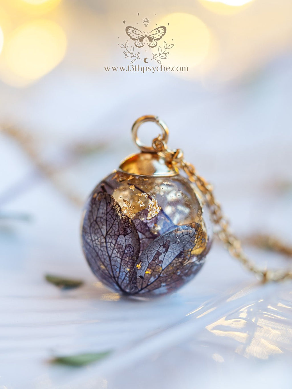 Handmade Dried hydrangea orb pendant necklace - 13th Psyche