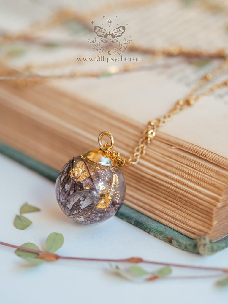 Handmade Dried hydrangea orb pendant necklace - 13th Psyche