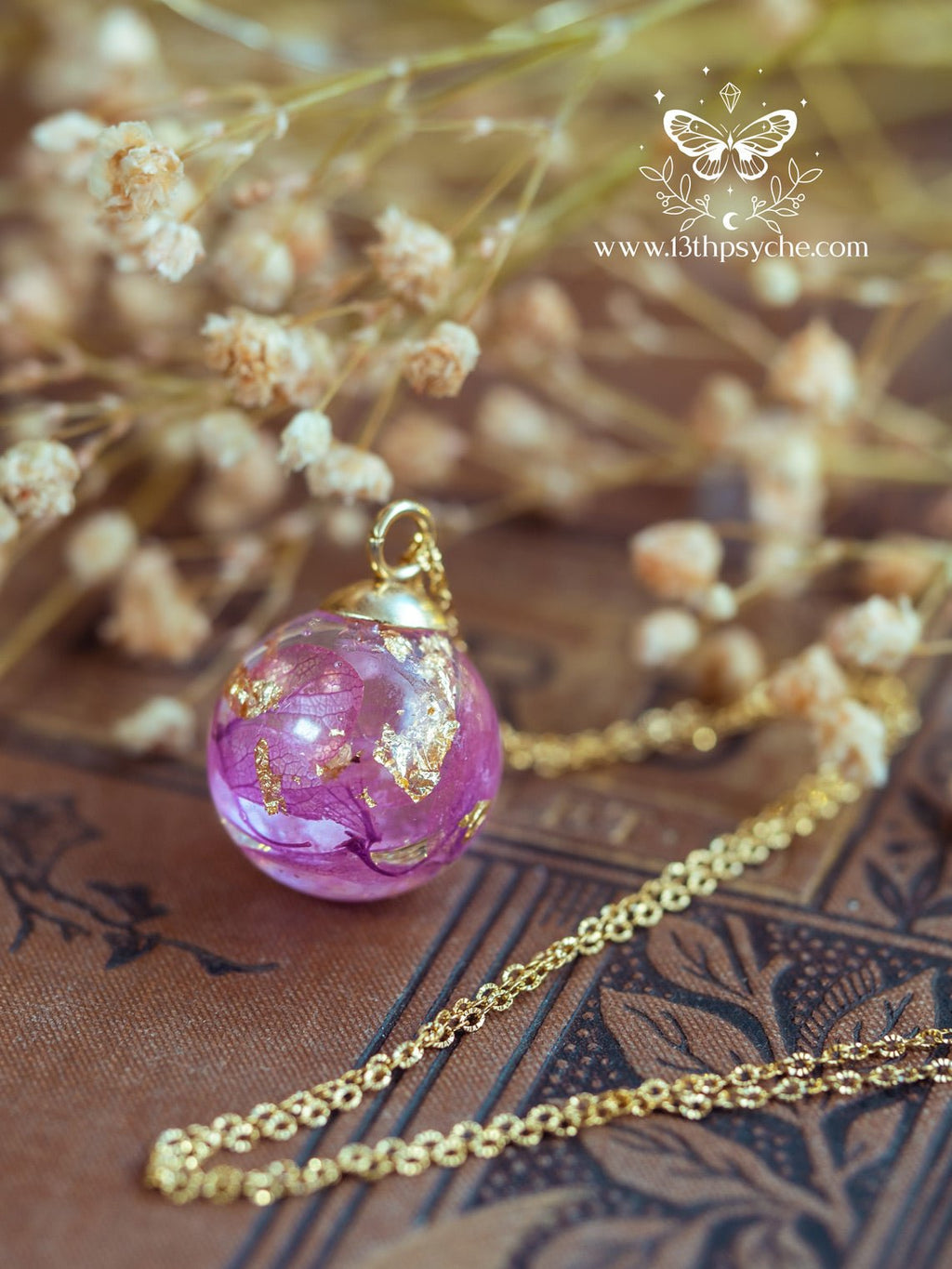 Handmade Dried hydrangea orb pendant necklace - 13th Psyche